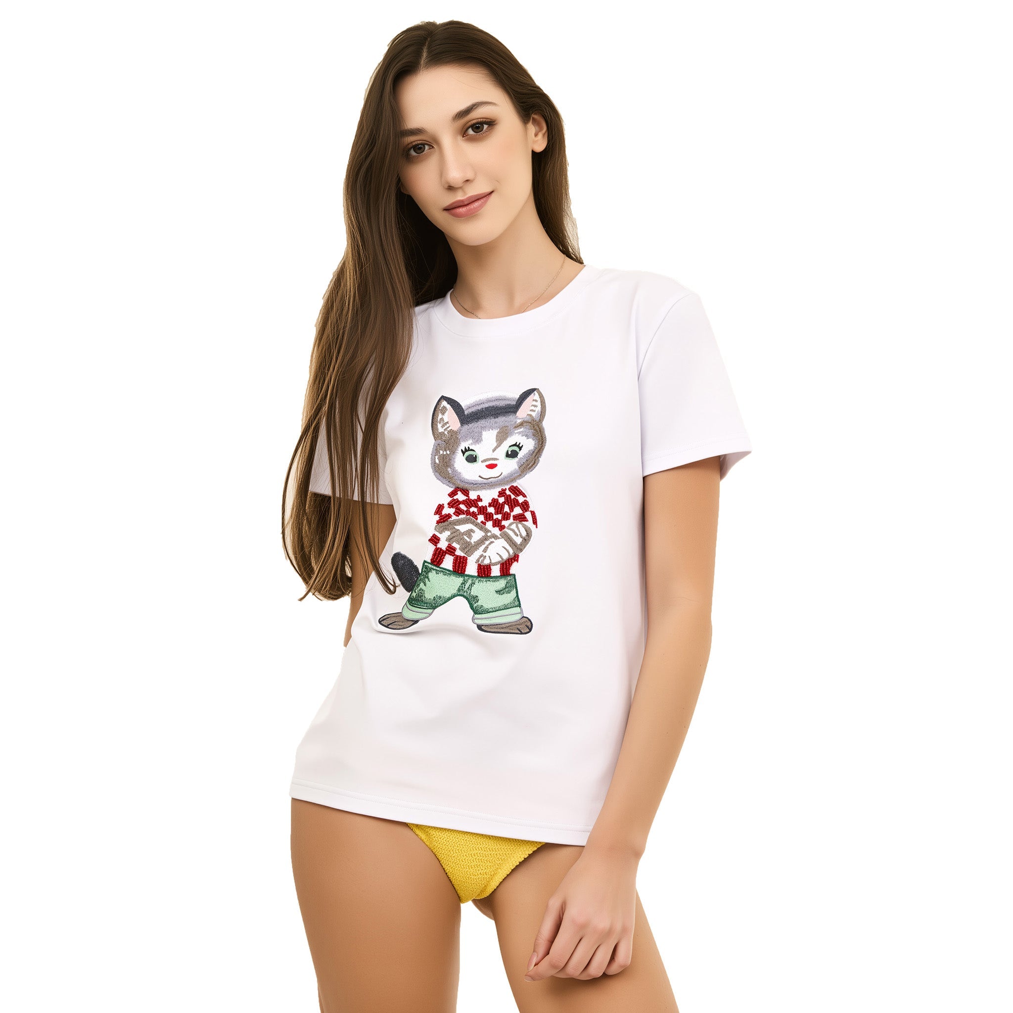 Cotton Embroidered with Beads & Thread Cat T-Shirt