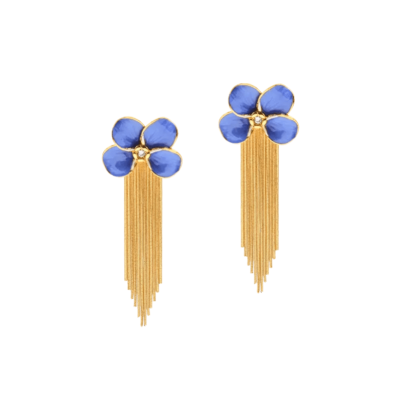 Gold Enameled Flower Blue - Violet Tassels Drop Enamel Earrings - SAHI London | Handcrafted Jewellery Handbags & T-shirt Fashion
