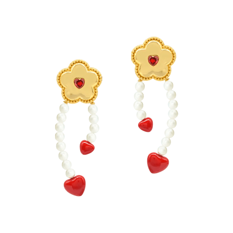 Little Red Flower Red Heart Hoop Earrings - SAHI London | Handcrafted Jewellery Handbags & T-shirt Fashion