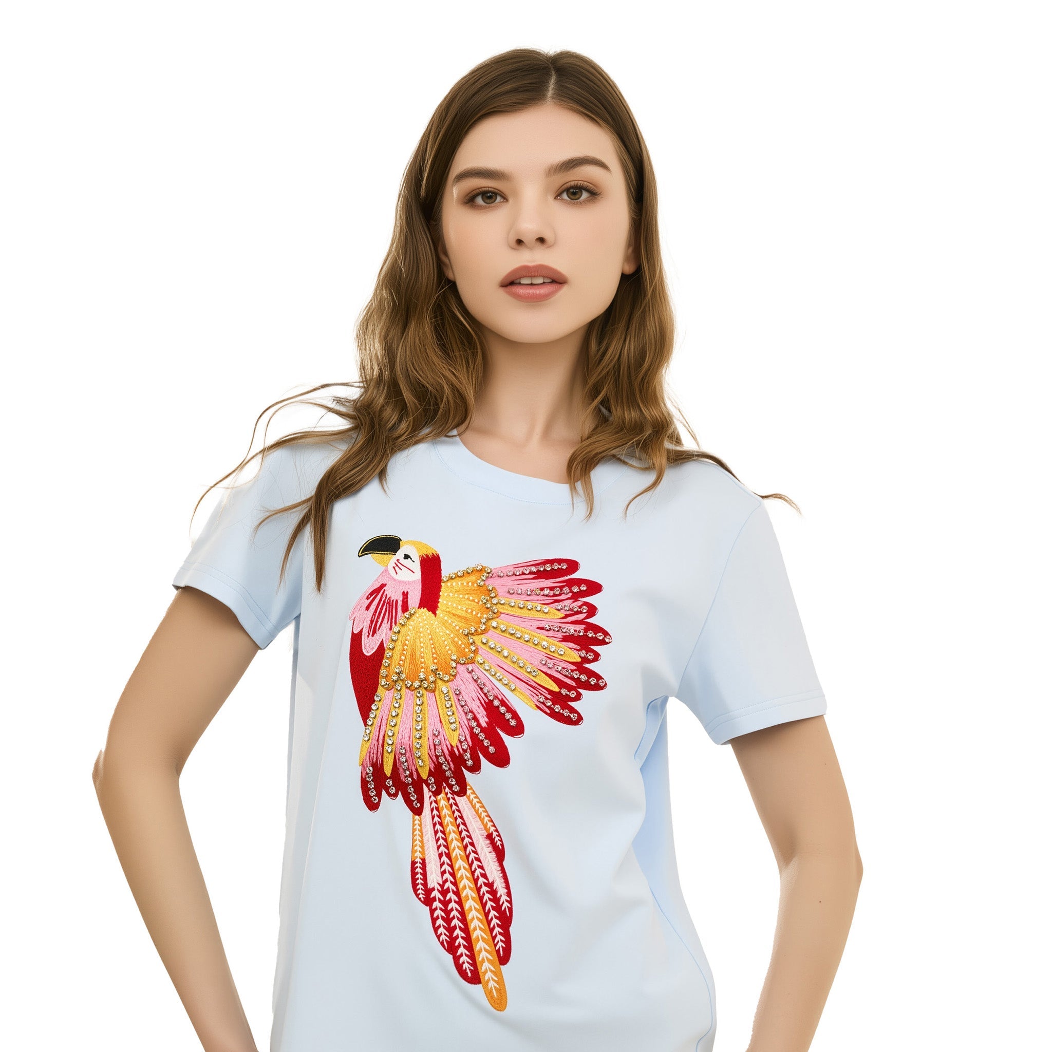 Cotton Embroidered with Beads & Thread Parrot T-Shirt