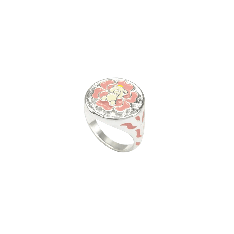 Rhodium plated Enameled Camellia Bear Ring with Size - SAHI London | Handcrafted Jewellery Handbags & T-shirt Fashion