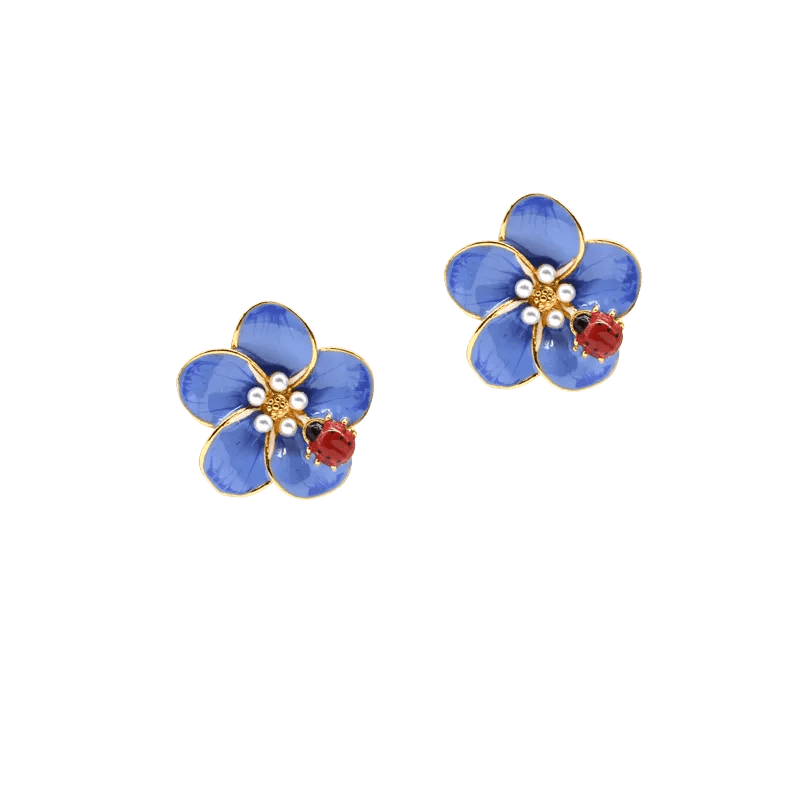 Gold Enameled Flower Small Beetle Stud Earrings - SAHI London | Handcrafted Jewellery Handbags & T-shirt Fashion