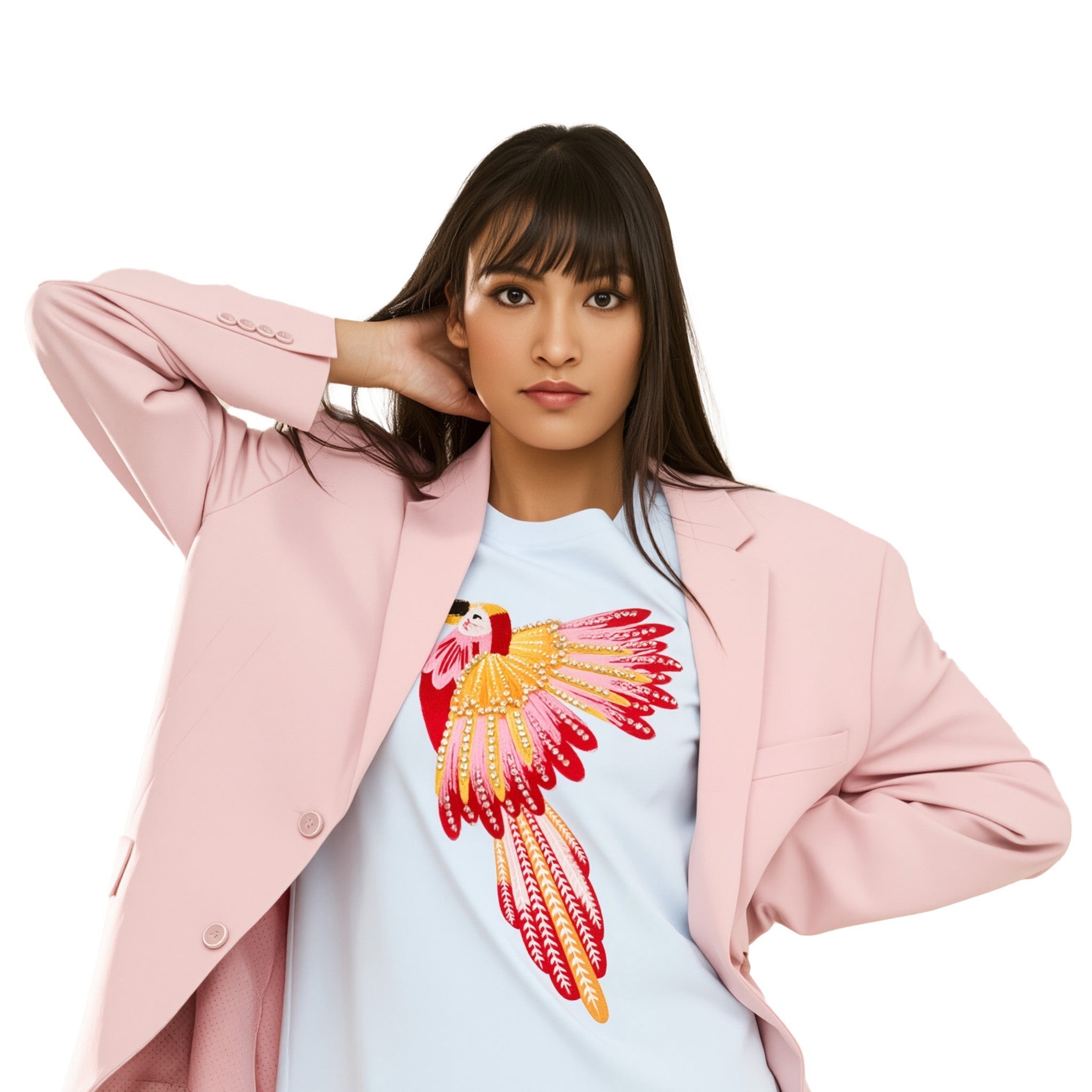 Cotton Embroidered with Beads & Thread Parrot T-Shirt