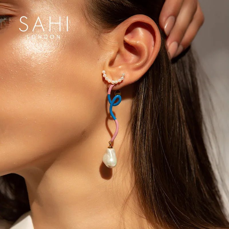 Fantasy Wave Pearl and Enamel Dangle Earrings - SAHI London | Handcrafted Jewellery Handbags & T-shirt Fashion