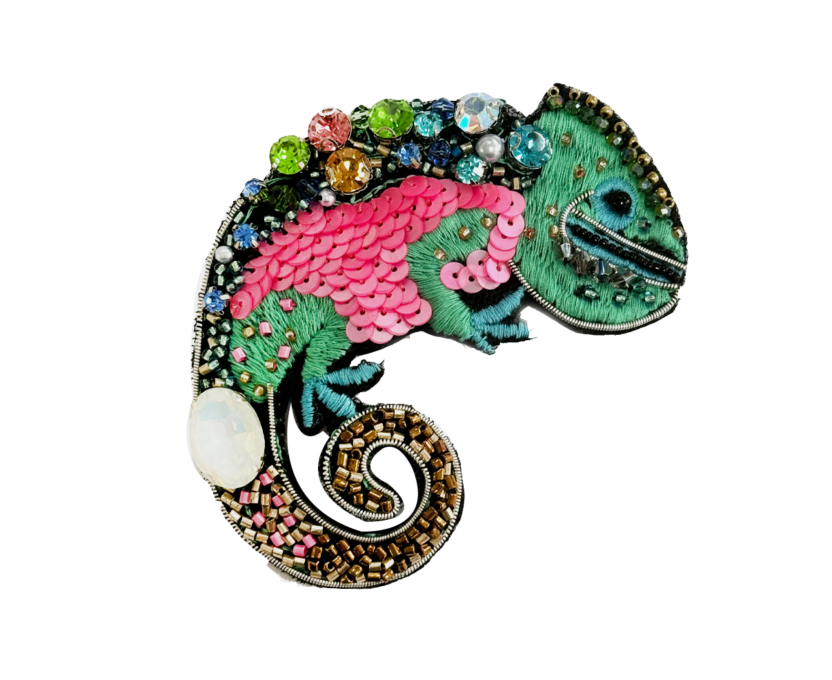 Brooch Hand Emblished with beads and stones  Pop Art Multi Color Chameleon