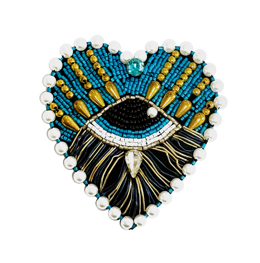 Brooch Hand Emblished with beads and stones  Pop Art Turquoise Heart Eye Brooch