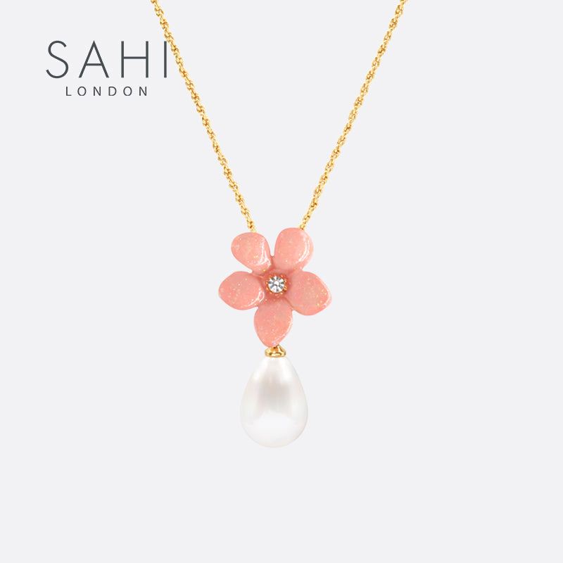Peach Lily Flower Pearl Necklace