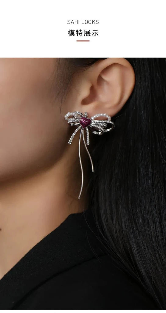 With Love Heart Enamel Bow Stud Drop Earrings - SAHI London | Handcrafted Jewellery Handbags & T-shirt Fashion