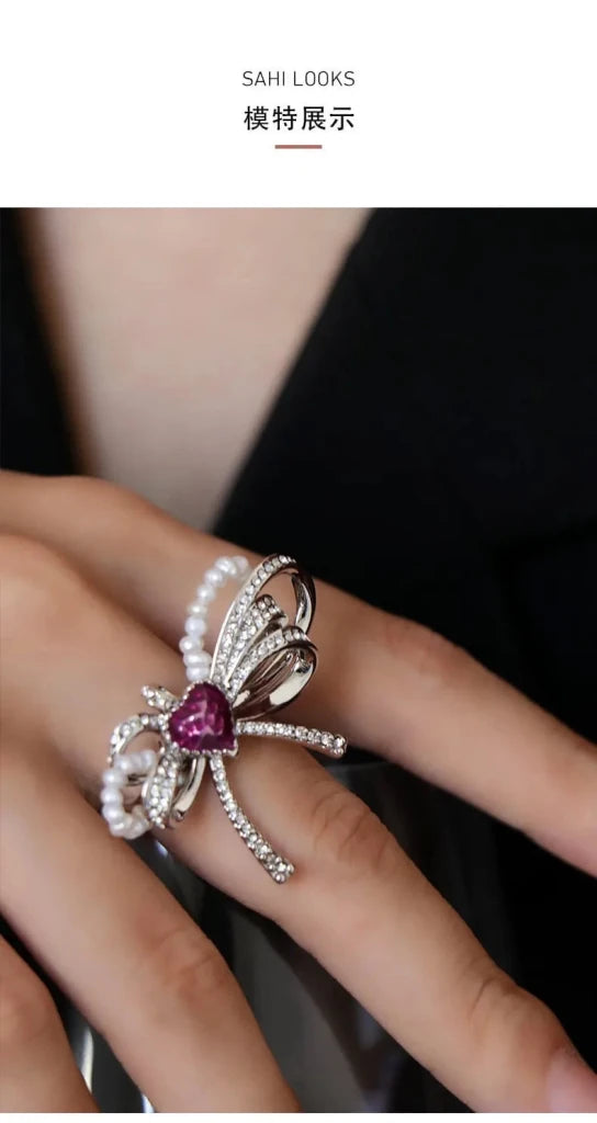 With Love Heart Enamel Bow Adjustable Ring - SAHI London | Handcrafted Jewellery Handbags & T-shirt Fashion