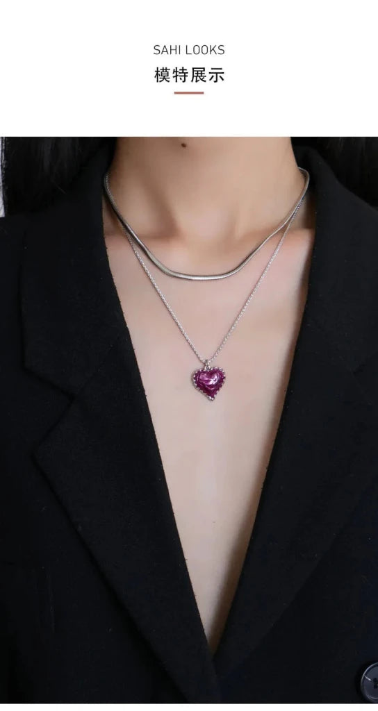 With Love Heart Enamel layered Chain Pendant Necklace - SAHI London | Handcrafted Jewellery Handbags & T-shirt Fashion