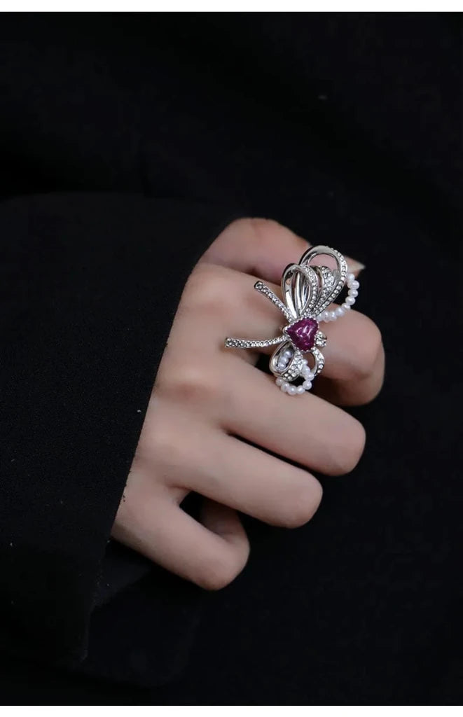 With Love Heart Enamel Bow Adjustable Ring - SAHI London | Handcrafted Jewellery Handbags & T-shirt Fashion