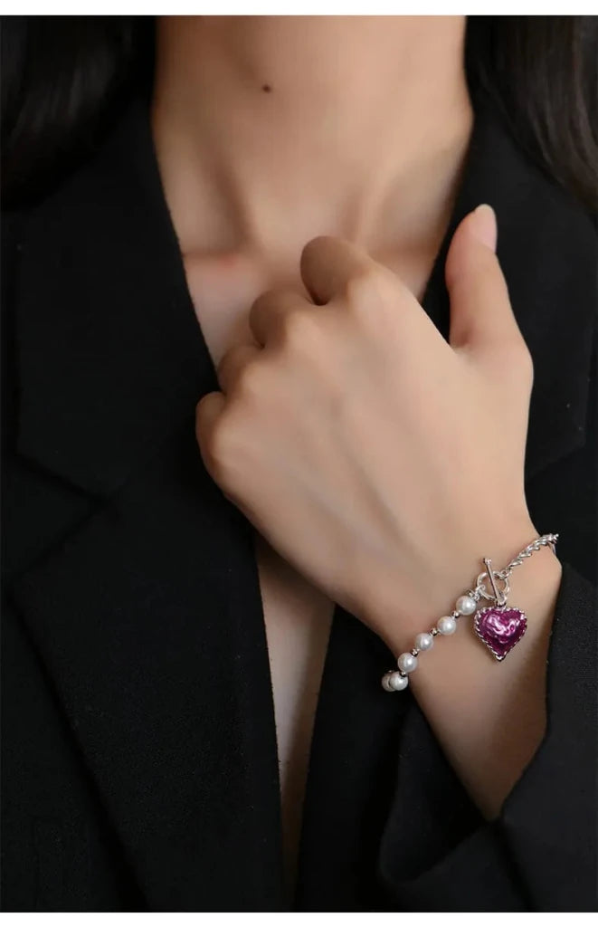 With Love Heart Enameled Pearl Chain & Link Bracelet - SAHI London | Handcrafted Jewellery Handbags & T-shirt Fashion