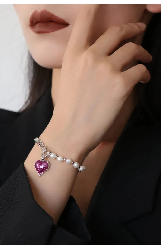 With Love Heart Enameled Pearl Chain & Link Bracelet - SAHI London | Handcrafted Jewellery Handbags & T-shirt Fashion