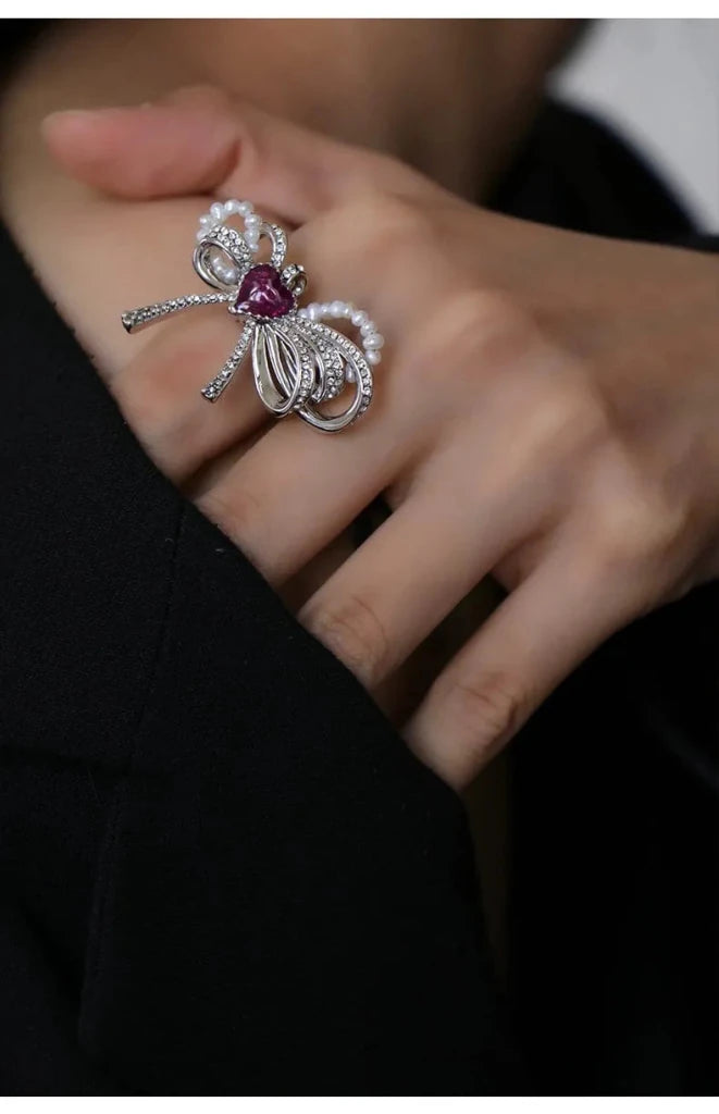 With Love Heart Enamel Bow Adjustable Ring - SAHI London | Handcrafted Jewellery Handbags & T-shirt Fashion