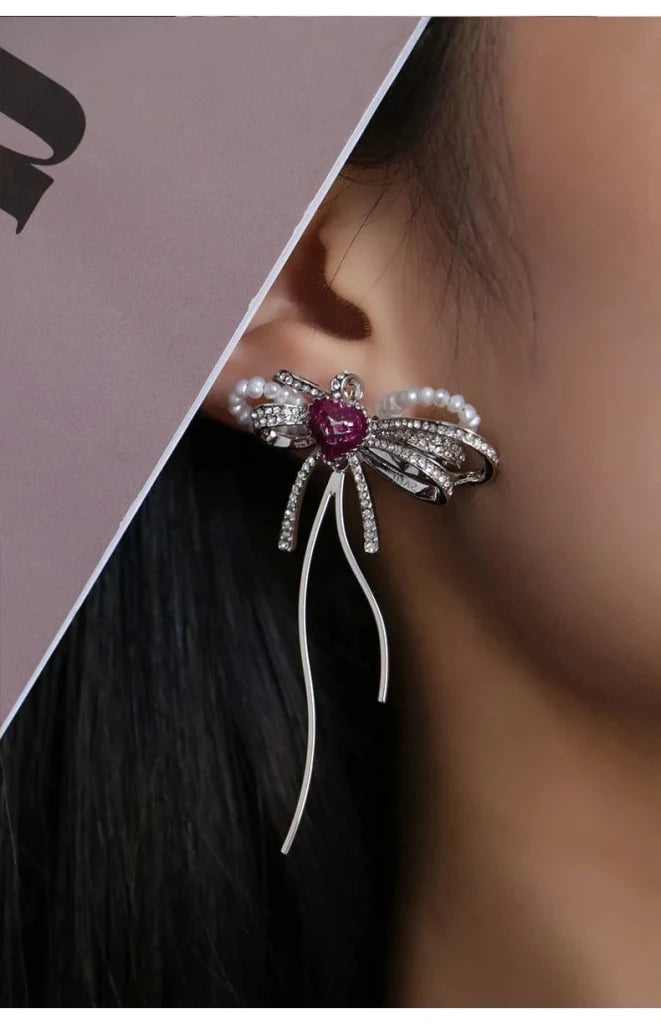 With Love Heart Enamel Bow Stud Drop Earrings - SAHI London | Handcrafted Jewellery Handbags & T-shirt Fashion