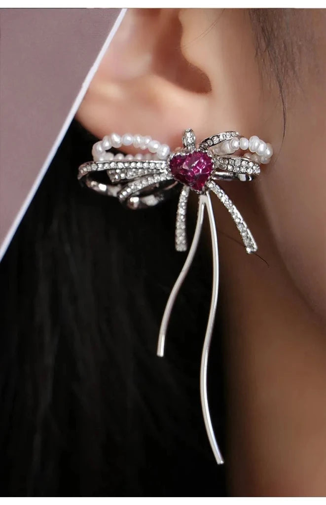 With Love Heart Enamel Bow Stud Drop Earrings - SAHI London | Handcrafted Jewellery Handbags & T-shirt Fashion