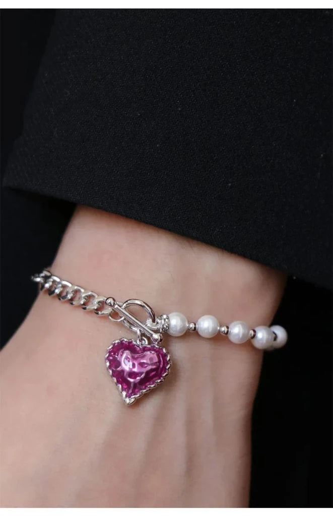 With Love Heart Enameled Pearl Chain & Link Bracelet - SAHI London | Handcrafted Jewellery Handbags & T-shirt Fashion