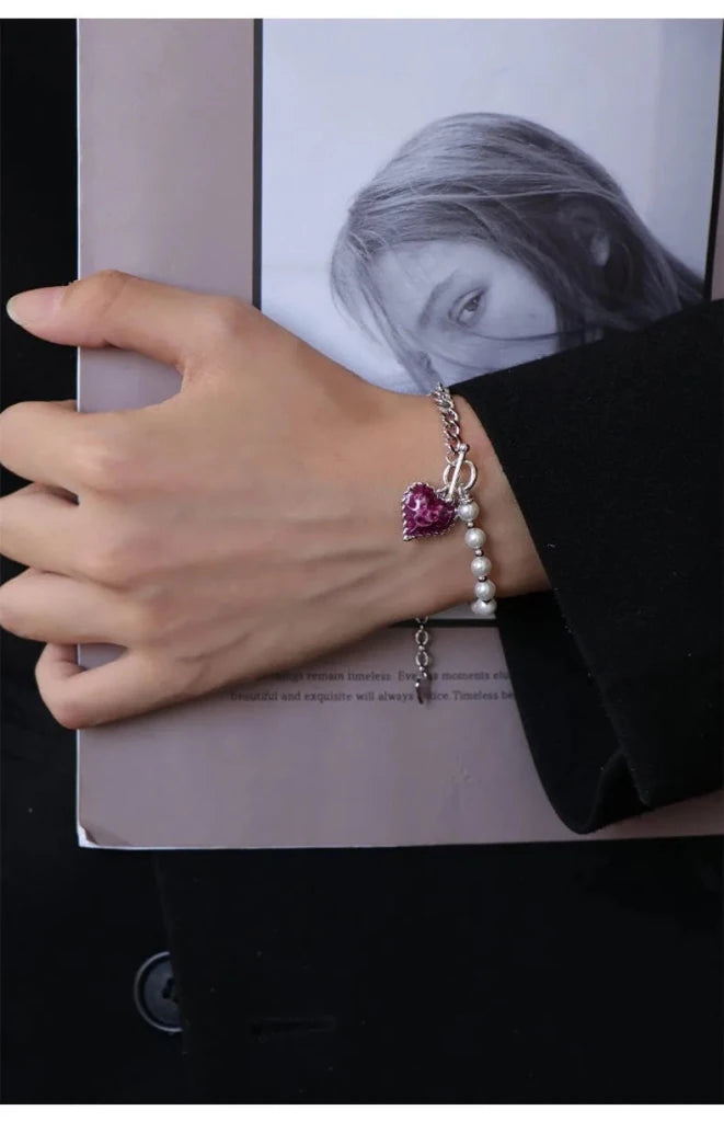 With Love Heart Enameled Pearl Chain & Link Bracelet - SAHI London | Handcrafted Jewellery Handbags & T-shirt Fashion