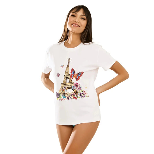 Cotton Eiffel Tower Printed & Embroidered T-Shirt - SAHI London | Handcrafted Jewellery Handbags & T-shirt Fashion