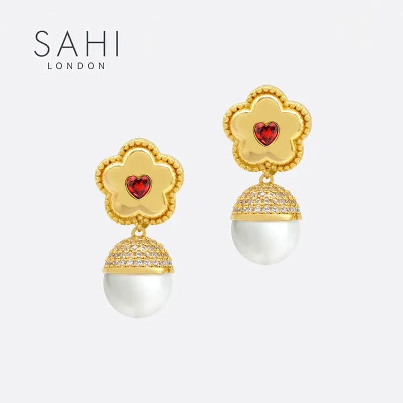 Little Red Flower Pearl Drop Earrings - SAHI London | Handcrafted Jewellery Handbags & T-shirt Fashion