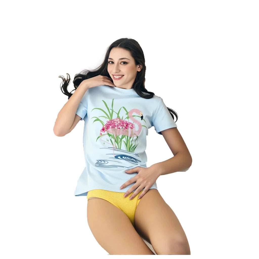 Cotton Flamingo Printed & Embroidered T-Shirt - SAHI London | Handcrafted Jewellery Handbags & T-shirt Fashion