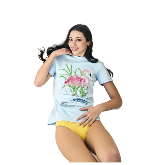 Cotton Flamingo Printed & Embroidered T-Shirt - SAHI London | Handcrafted Jewellery Handbags & T-shirt Fashion