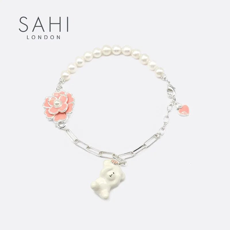 Gold Enameled Pearl Bear Chain Bracelet - SAHI London | Handcrafted Jewellery Handbags & T-shirt Fashion