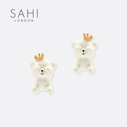 Gold Enameled Camellia Bear Stud Earrings - SAHI London | Handcrafted Jewellery Handbags & T-shirt Fashion