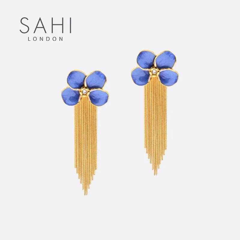 Gold Enameled Flower Blue - Violet Tassels Drop Enamel Earrings - SAHI London | Handcrafted Jewellery Handbags & T-shirt Fashion
