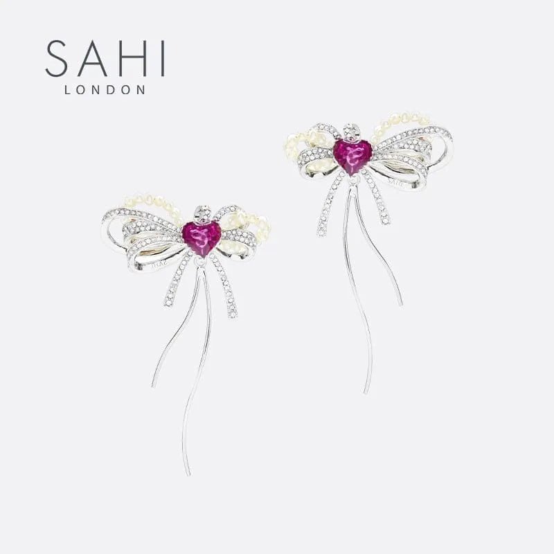 With Love Heart Enamel Bow Stud Drop Earrings - SAHI London | Handcrafted Jewellery Handbags & T-shirt Fashion