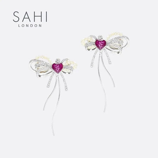 With Love Heart Enamel Bow Stud Drop Earrings - SAHI London | Handcrafted Jewellery Handbags & T-shirt Fashion