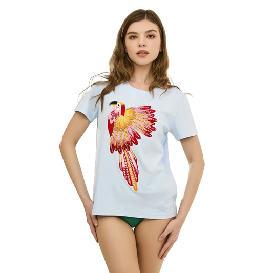 Cotton Embroidered with Beads & Thread Parrot T-Shirt - SAHI London | Handcrafted Jewellery Handbags & T-shirt Fashion