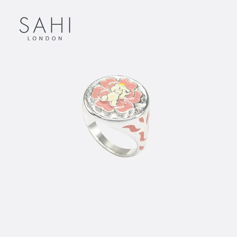 Rhodium plated Enameled Camellia Bear Ring with Size - SAHI London | Handcrafted Jewellery Handbags & T-shirt Fashion