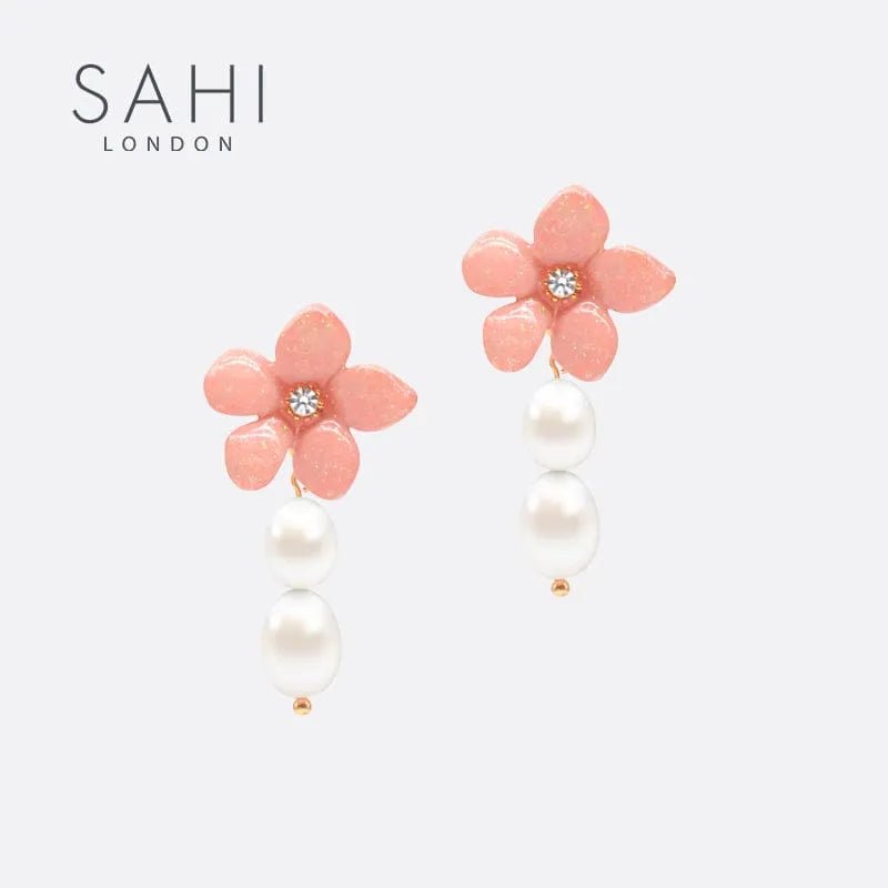 Lilys Peach Flower Pearl Drop Dangle Enamel Earrings - SAHI London | Handcrafted Jewellery Handbags & T-shirt Fashion