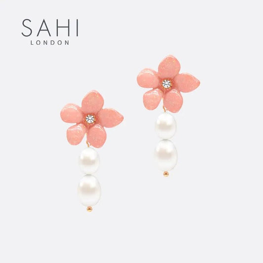 Lilys Peach Flower Pearl Drop Dangle Enamel Earrings - SAHI London | Handcrafted Jewellery Handbags & T-shirt Fashion