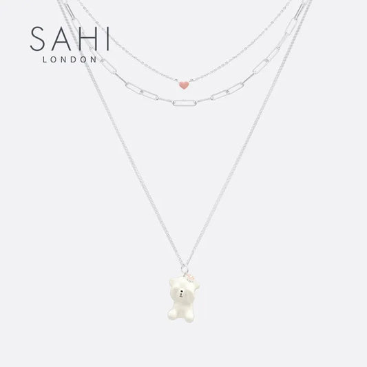 Stacked Chain Bear Pendant Charm Necklace - SAHI London | Handcrafted Jewellery Handbags & T-shirt Fashion