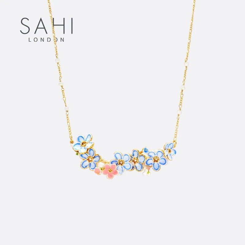 Forget me not Flower Enameled Pearl Enamel Necklace - SAHI London | Handcrafted Jewellery Handbags & T-shirt Fashion