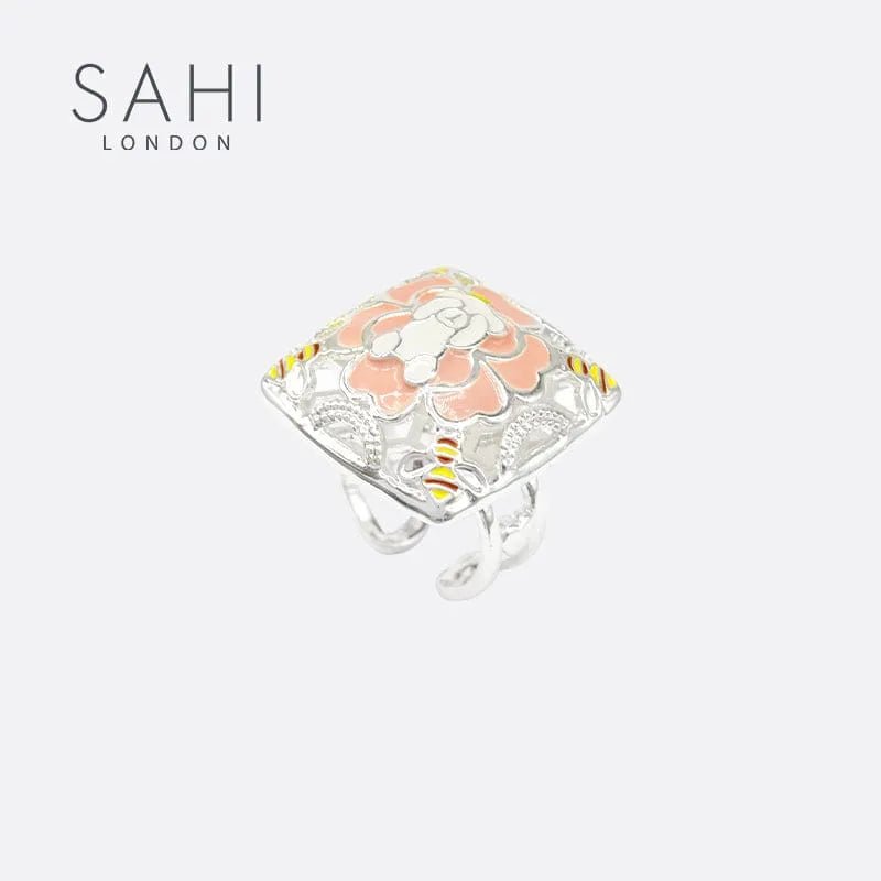 Rodium Plated Enameled Square Camellia Bear Ring - SAHI London | Handcrafted Jewellery Handbags & T-shirt Fashion
