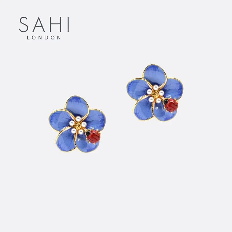 Gold Enameled Flower Small Beetle Stud Earrings - SAHI London | Handcrafted Jewellery Handbags & T-shirt Fashion