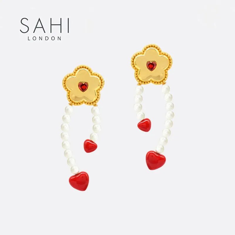 Little Red Flower Red Heart Hoop Earrings - SAHI London | Handcrafted Jewellery Handbags & T-shirt Fashion