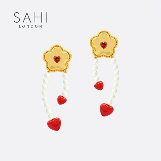 Little Red Flower Red Heart Hoop Earrings - SAHI London | Handcrafted Jewellery Handbags & T-shirt Fashion