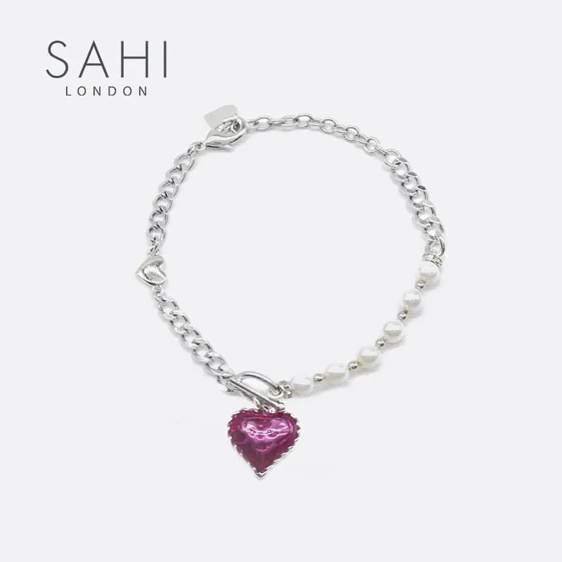 With Love Heart Enameled Pearl Chain & Link Bracelet - SAHI London | Handcrafted Jewellery Handbags & T-shirt Fashion
