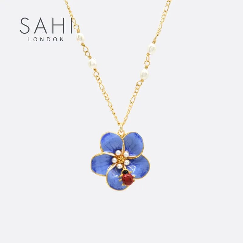 Forget me not Flower and Red Beetle charm Necklace - SAHI London | Handcrafted Jewellery Handbags & T-shirt Fashion