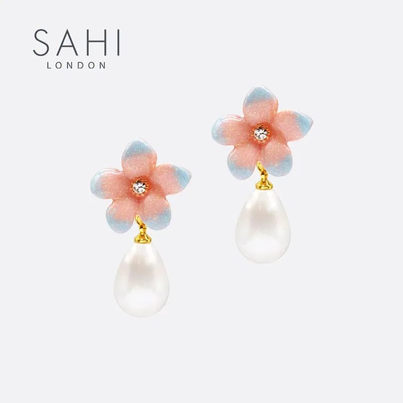 Lily Flower Pearl Drop Enamel Earrings - SAHI London | Handcrafted Jewellery Handbags & T-shirt Fashion