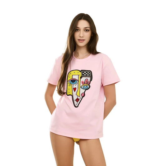 Face Printed & Sequence Embroidered T-Shirt - SAHI London | Handcrafted Jewellery Handbags & T-shirt Fashion