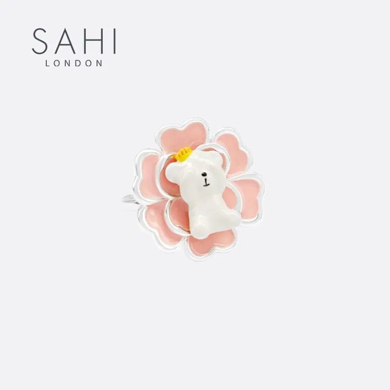 Rhodium Plated Enameled Round Camellia Bear Ring - SAHI London | Handcrafted Jewellery Handbags & T-shirt Fashion