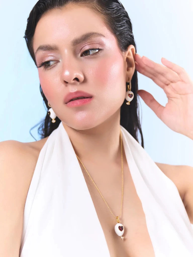 Age of Innocence Ruby Red Crystal Heart White Ballon Adjustable Necklace - SAHI London | Handcrafted Jewellery Handbags & T-shirt Fashion