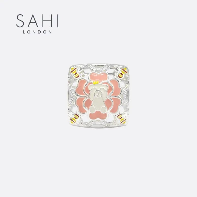 Rodium Plated Enameled Square Camellia Bear Ring - SAHI London | Handcrafted Jewellery Handbags & T-shirt Fashion