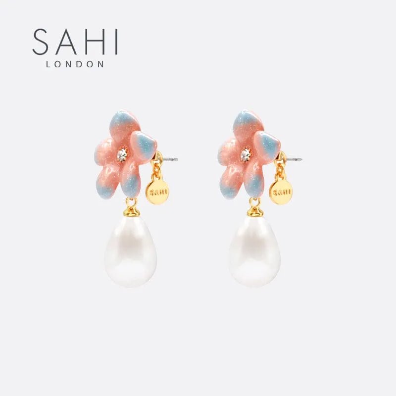 Lily Flower Pearl Drop Enamel Earrings - SAHI London | Handcrafted Jewellery Handbags & T-shirt Fashion