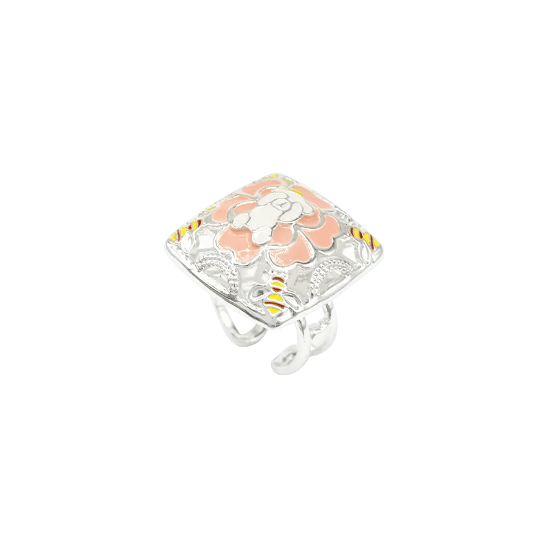 Rodium Plated Enameled Square Camellia Bear Ring - SAHI London | Handcrafted Jewellery Handbags & T-shirt Fashion